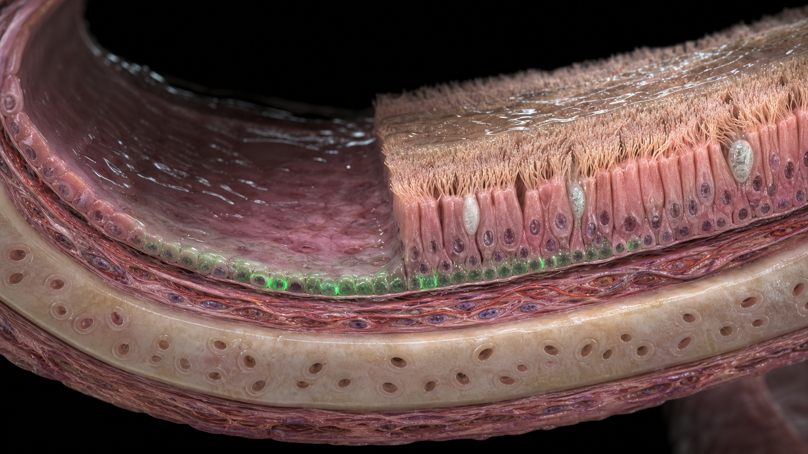 Editorial illustration of donor airway basal cells integrating into damaged tracheal epithelium and producing ciliated and secretory cells