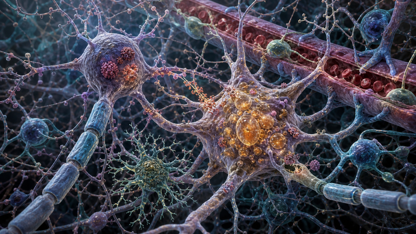 Editorial illustration of a multicellular human iPSC-derived brain tissue model with an APOE4 astrocyte failing to clear alpha-synuclein