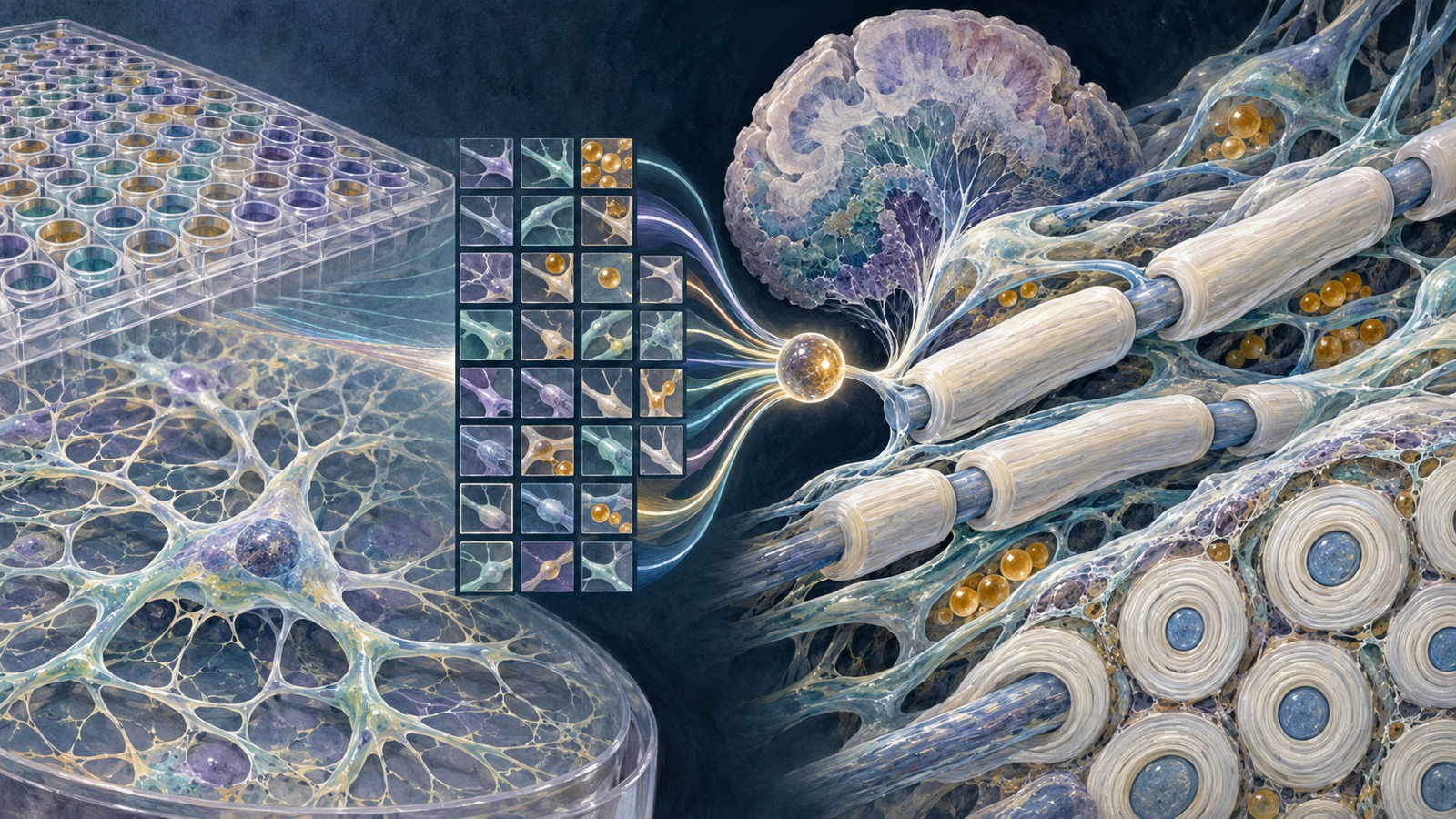 Editorial research scene showing an oligodendrocyte CRISPR screen leading through a brain-organoid model to axons with compact myelin and localized lipid droplets