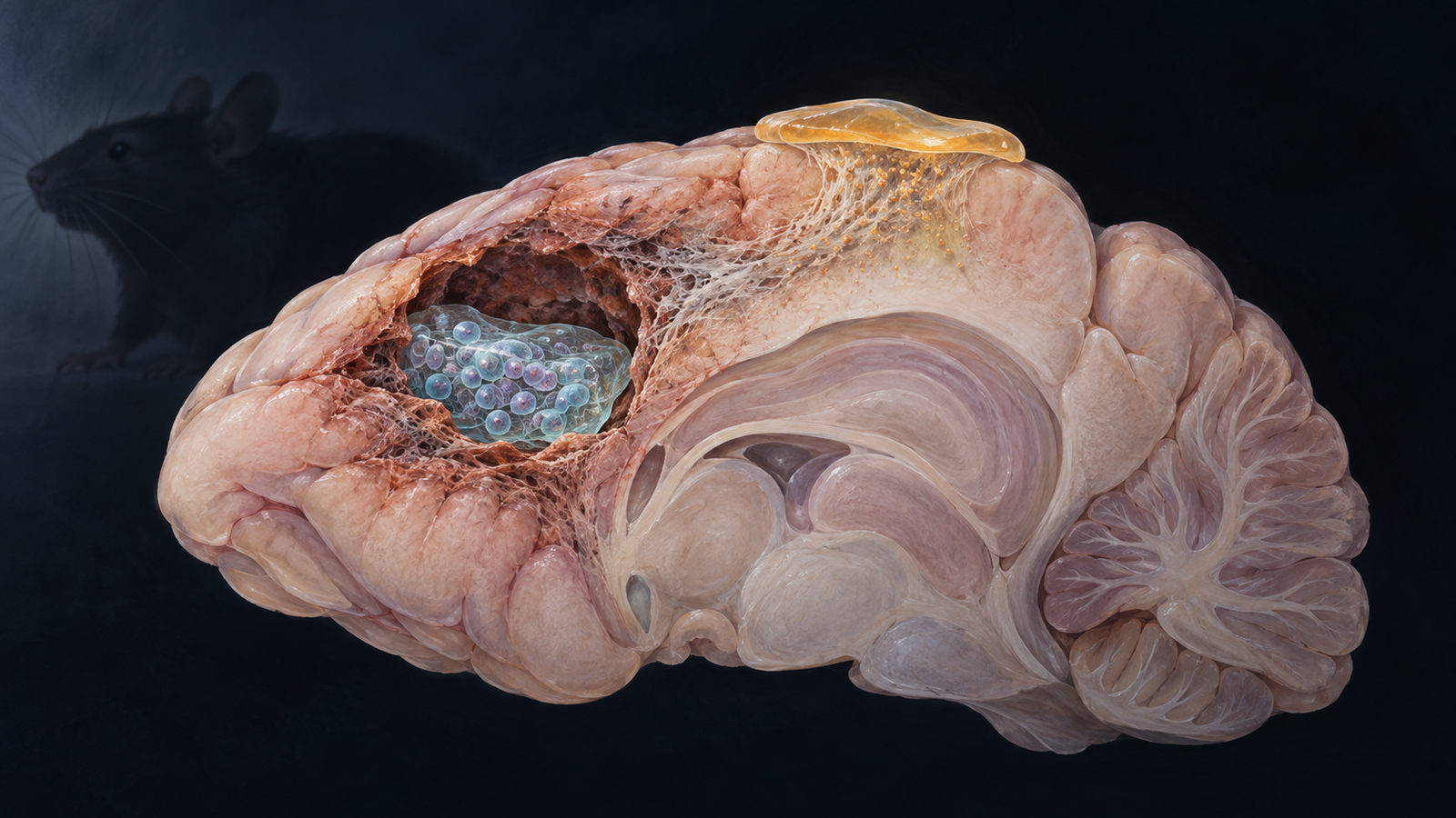 Editorial cutaway of a rat brain with an iPSC-derived neural progenitor graft inside a stroke cavity and a separate enzyme-release hydrogel on the cortical surface
