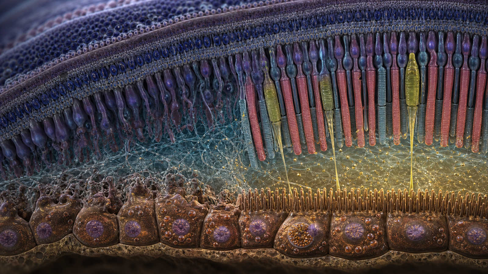 Editorial illustration of a human retinal organoid meeting a pigmented RPE layer in a degradable matrix, with photoreceptor outer segments restored after acid ceramidase treatment