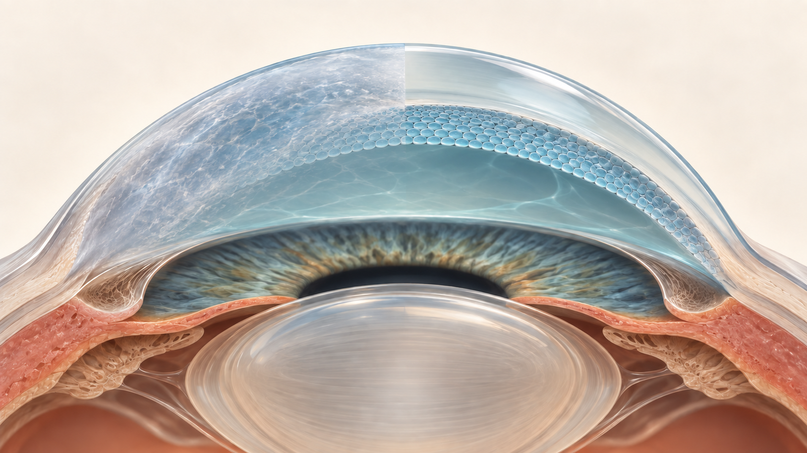 Editorial cutaway of a human eye showing a cultured corneal endothelial cell layer attached to the inner corneal surface