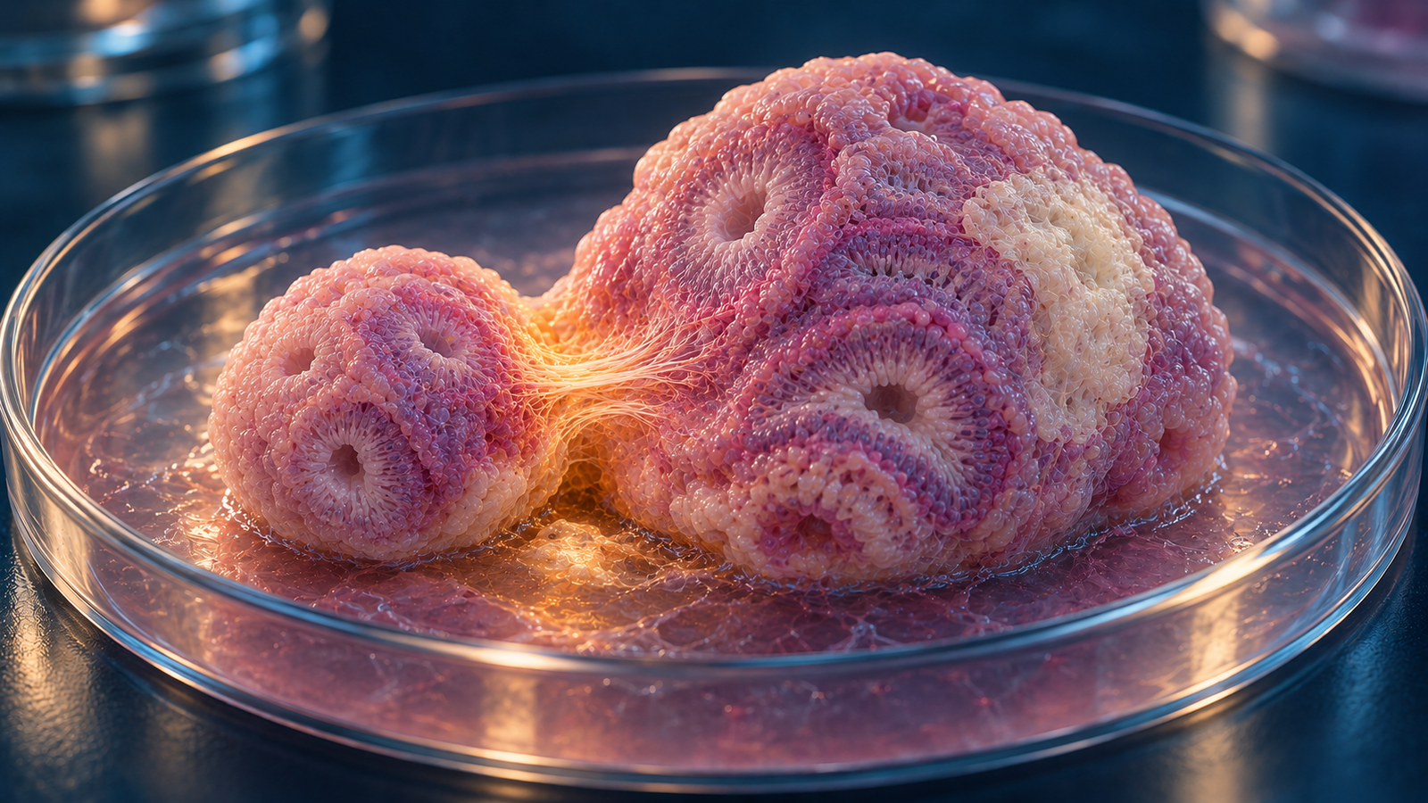 Editorial illustration of a small early cortical organoid integrating with a larger oxygen-deprived cortical organoid in a culture dish