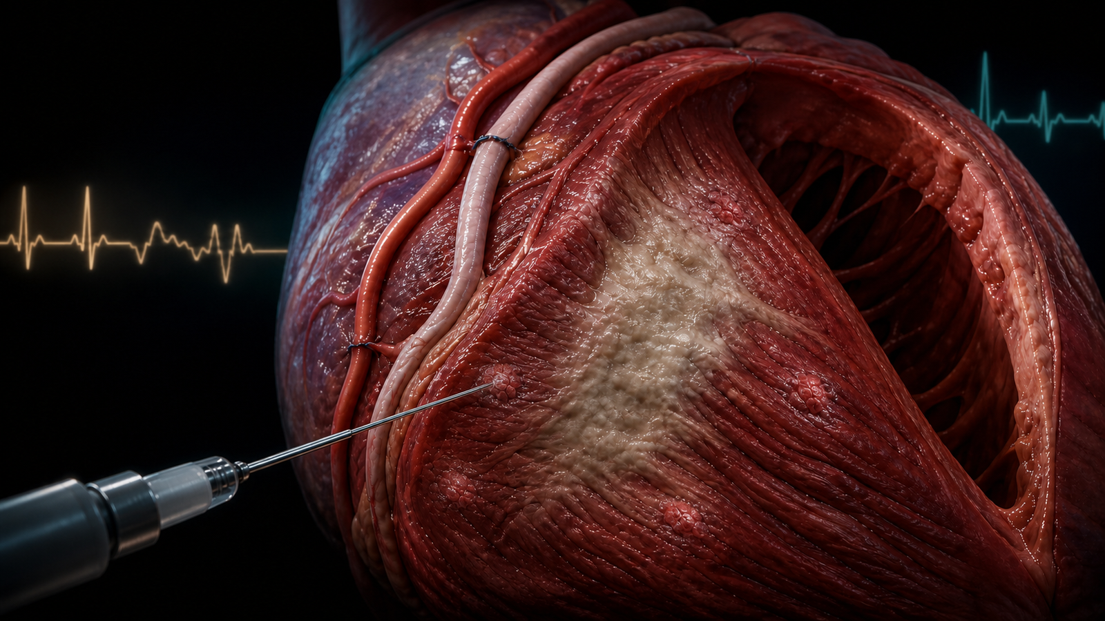 Editorial illustration of intramyocardial iPSC-derived cardiomyocyte deposits around an ischemic scar during coronary bypass surgery