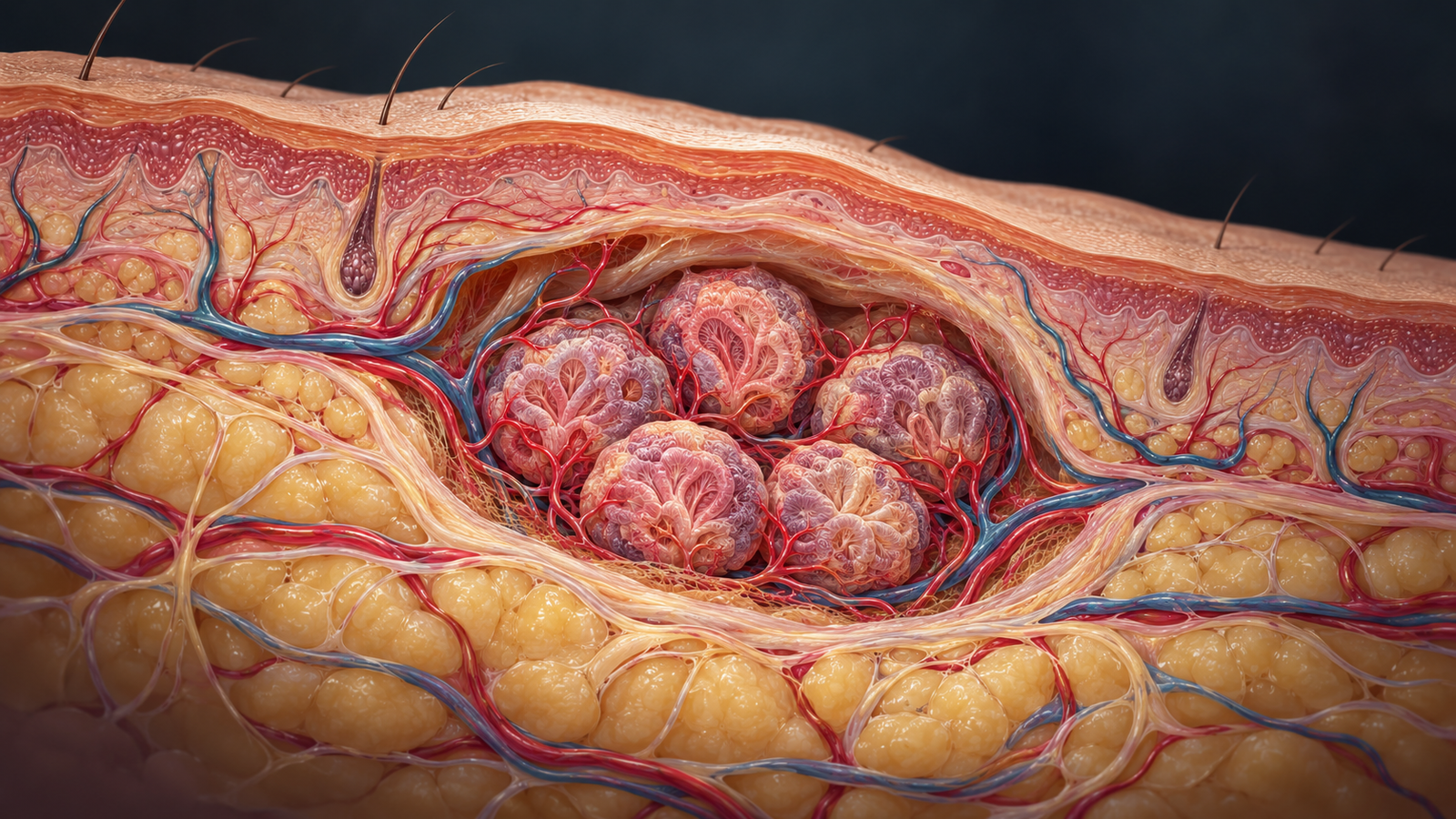 Editorial cutaway of a vascularized subcutaneous pocket containing cohesive pituitary-hypothalamus organoids