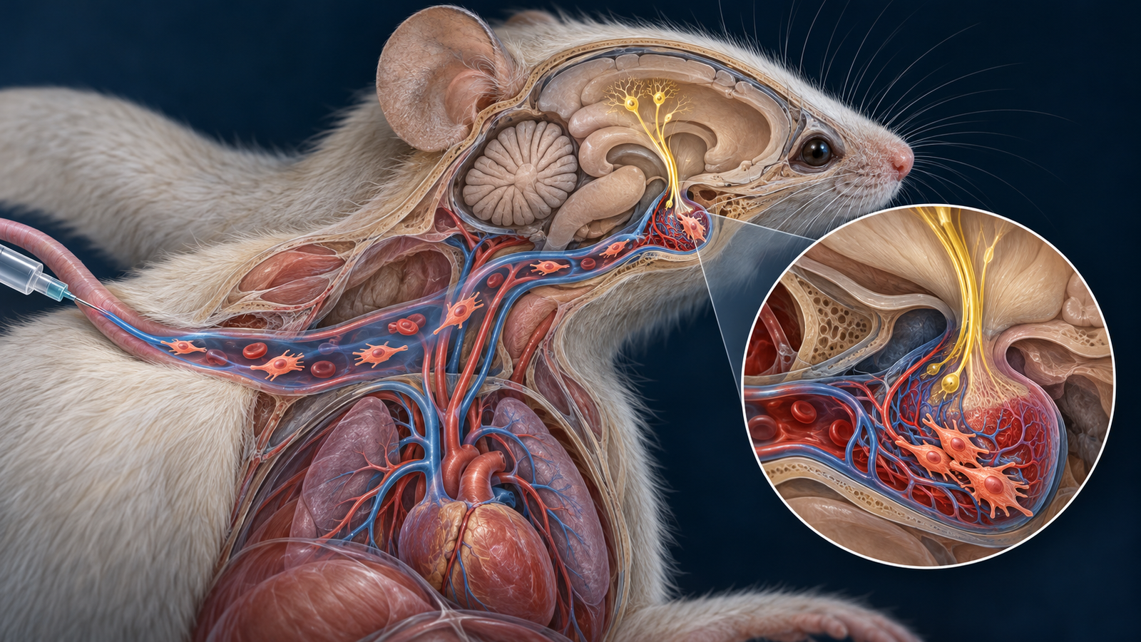 Editorial sagittal view of a mouse brain showing the hypothalamic oxytocin pathway ending at the vascular neurohypophysis, where infused stromal cells accumulate