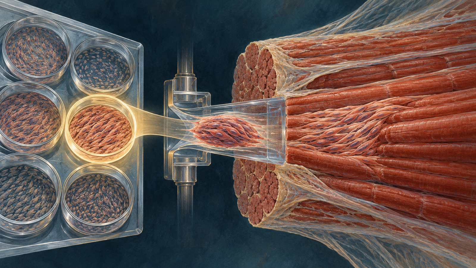 Editorial laboratory scene showing donor iPSC myogenic progenitor cultures being screened before a selected cell population is transferred into aligned skeletal muscle fibers