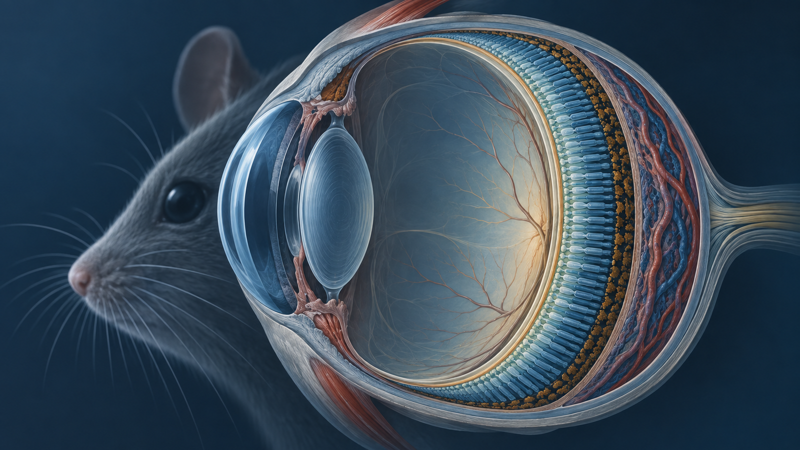 Editorial cutaway of a mouse eye emphasizing the layered retina and its dark pigment epithelium