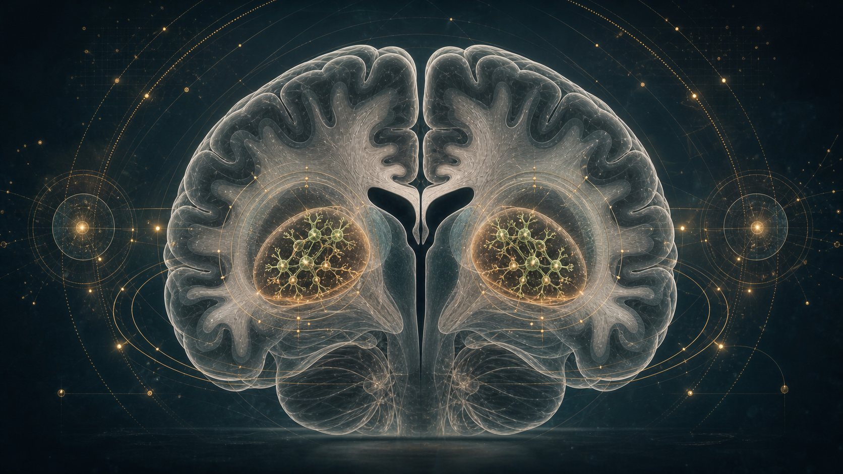 Editorial illustration of NouvNeu001 bilateral putamen targets with localized neural progenitor cell clusters