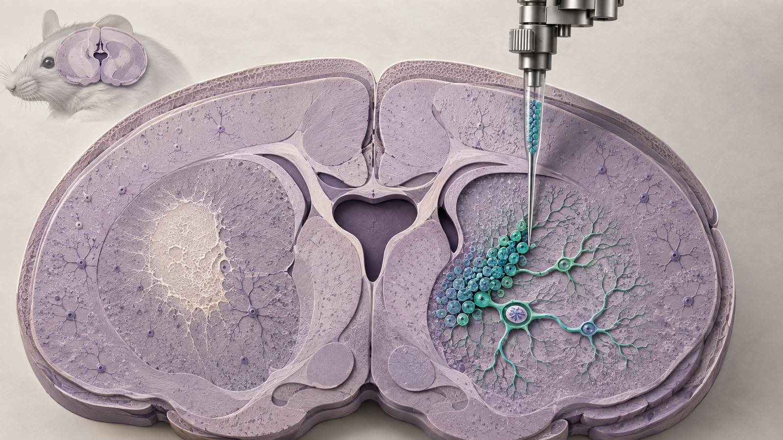 Editorial cutaway of a mouse brain with engineered neural stem cells injected beside an ischemic striatal lesion