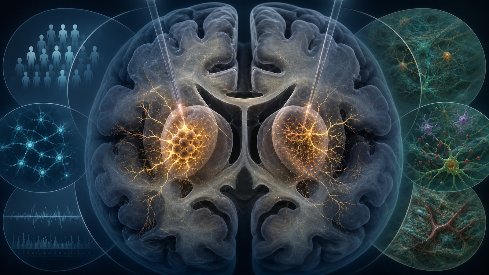 Editorial illustration of Parkinson dopamine-cell grafts showing trial and graft-site variation across bilateral putamen targets