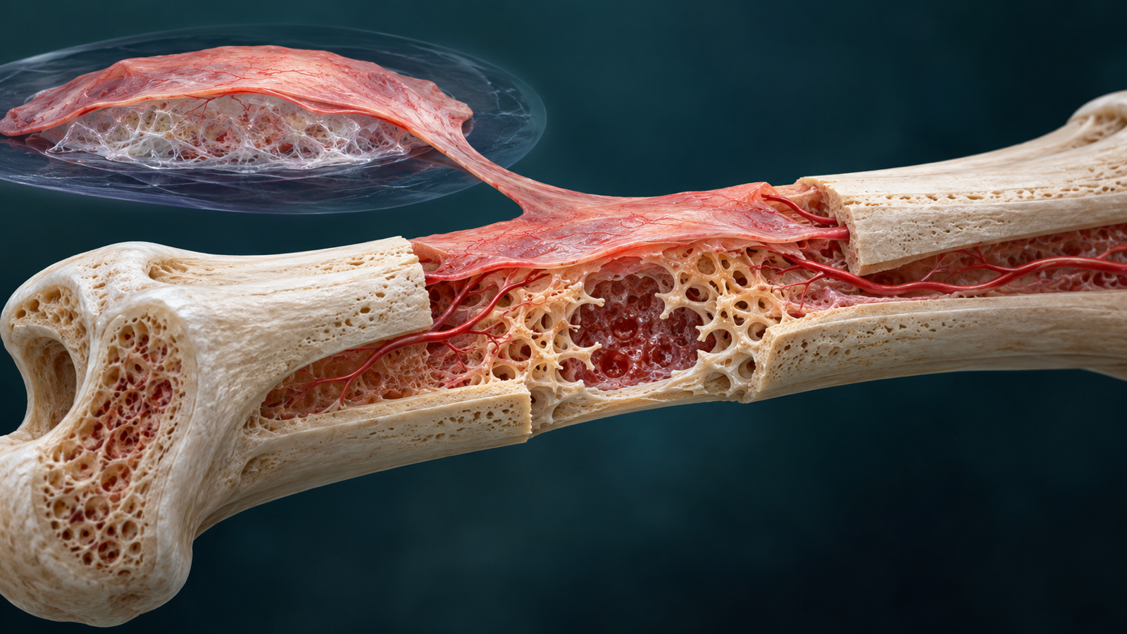 Editorial cutaway showing a thin periosteum-derived organoid sheet spanning a long-bone defect as vascularized trabecular bone and a marrow-like cavity form beneath it