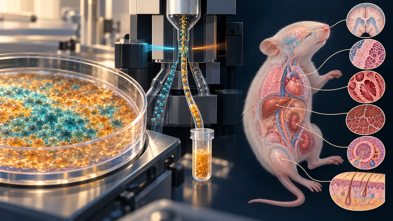 Editorial laboratory scene showing pluripotent-cell-derived yolk-sac-like myeloid progenitors being isolated before transplantation into macrophage-depleted mice