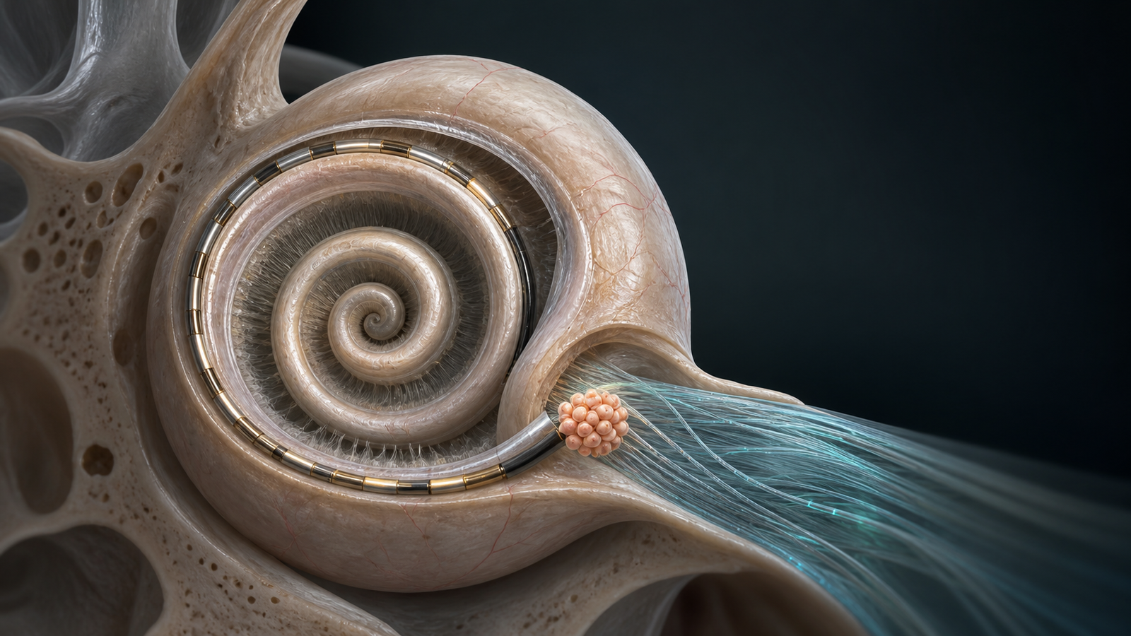 Editorial illustration of Rincell-1 otic neural progenitor cells delivered alongside a cochlear implant electrode array