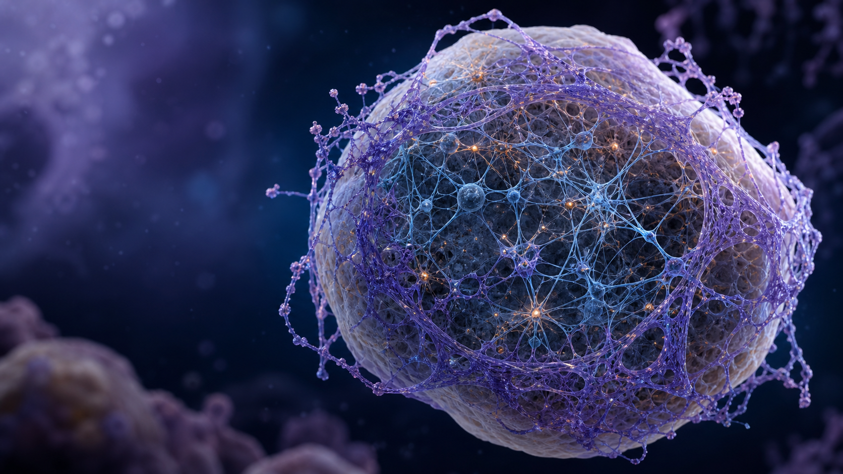 Editorial illustration of a midbrain organoid with extracellular matrix remodeling around neuron-like structures
