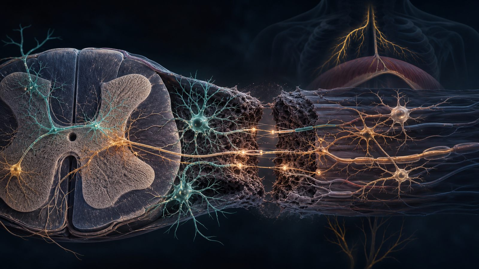 Editorial illustration of human spinal interneurons forming a synaptic relay across an injured cervical spinal cord