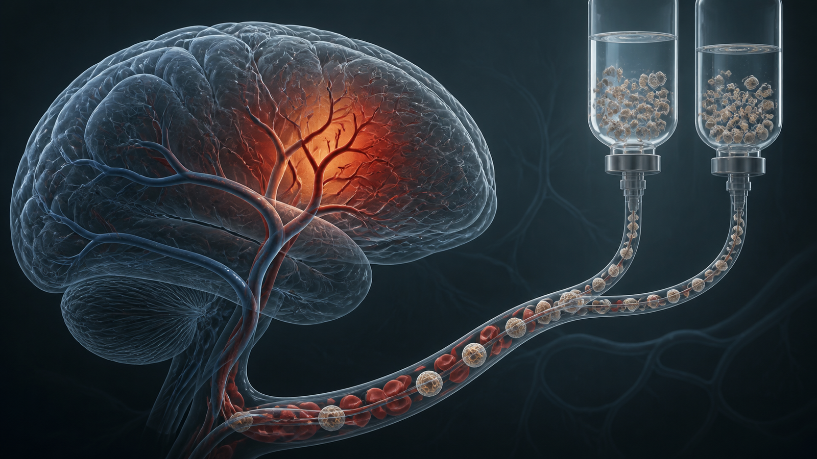 Editorial illustration of acute ischemic stroke, IV cell infusion, and matched clinical trial paths