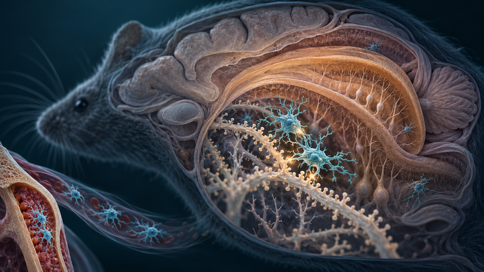 Editorial sagittal cutaway of an aged mouse brain showing donor-derived microglia-like cells beside dendritic spines in the hippocampus, with a restrained marrow-to-blood origin cue